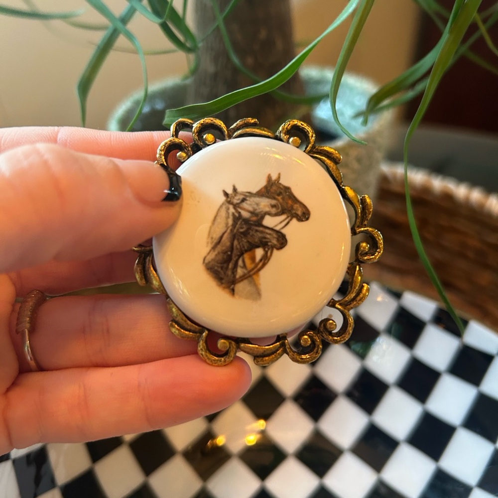 Vintage Equestrian Cameo Brooch – Signed EH VL, 1970s